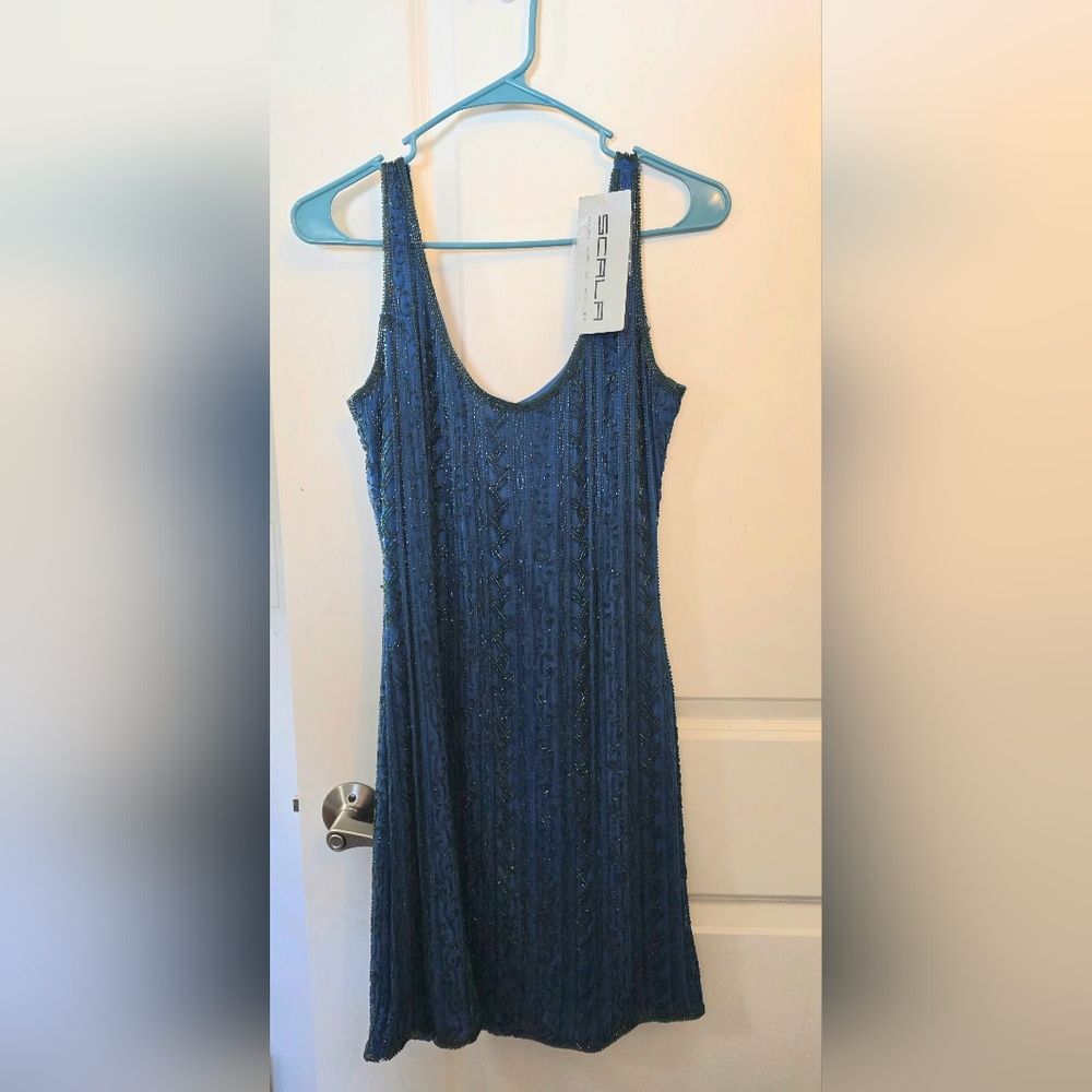Vintage Scala Midnight Blue Beaded Midi Dress (L) NWT